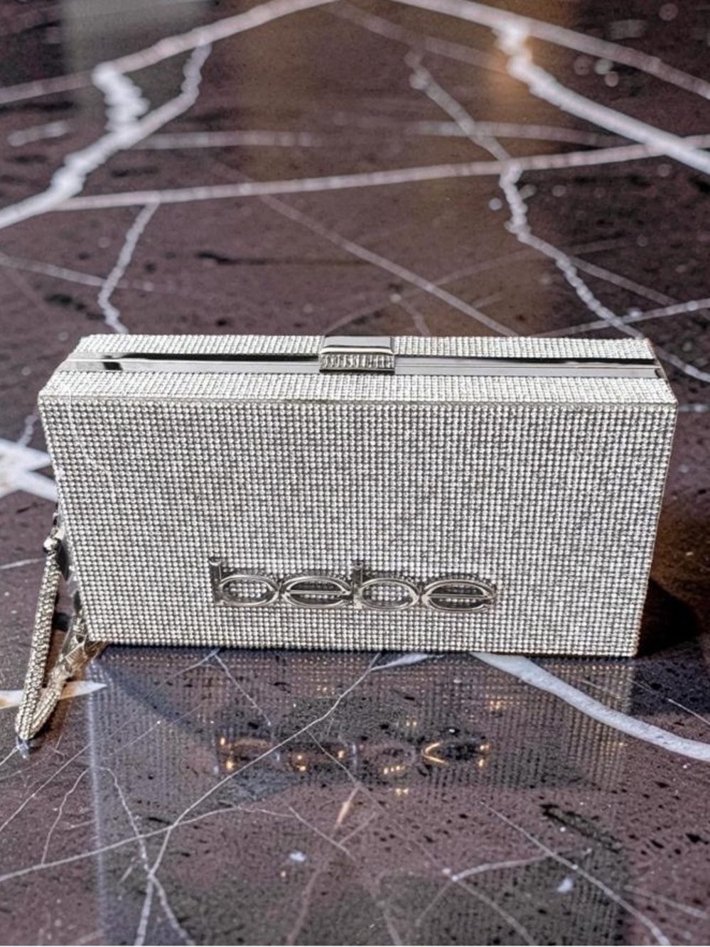 Bebe silver,rhinestone,embellished,Rectangular hard case clutch,crossbody,trendy